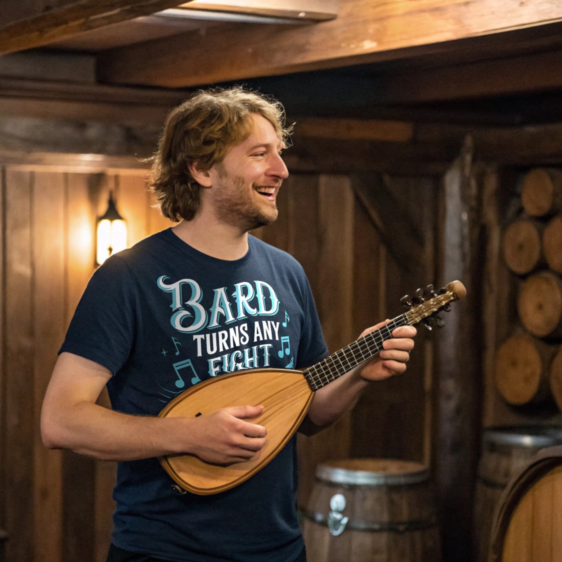 Lifestyle mockup of Bard Turns Any Fight Into a Musical T-Shirt on a male model playing a lute in a tavern, plain crew neck