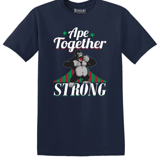 Flat lay of Ape Together Strong design on navy t-shirt