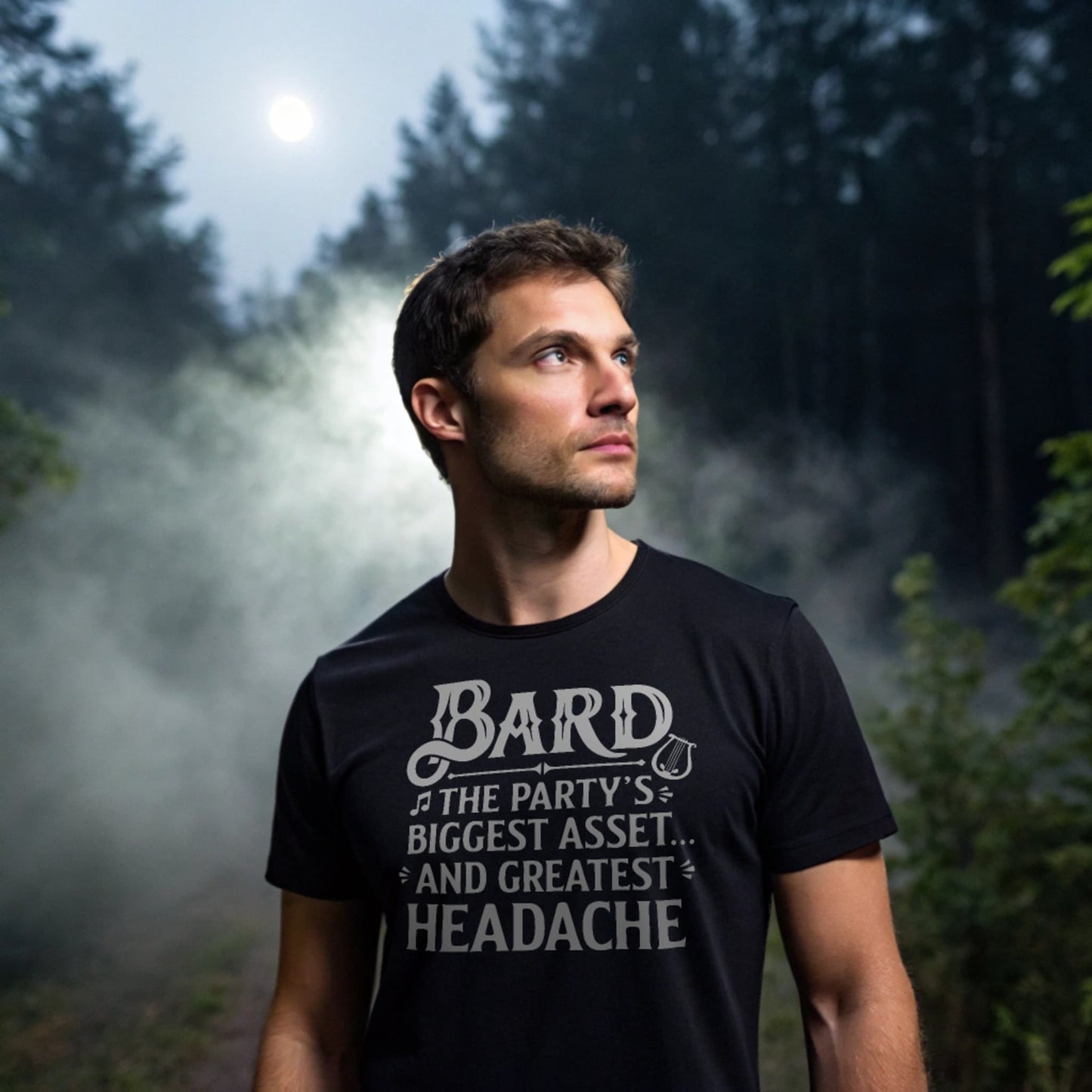 Bard T-shirt on male model in forest setting – Black