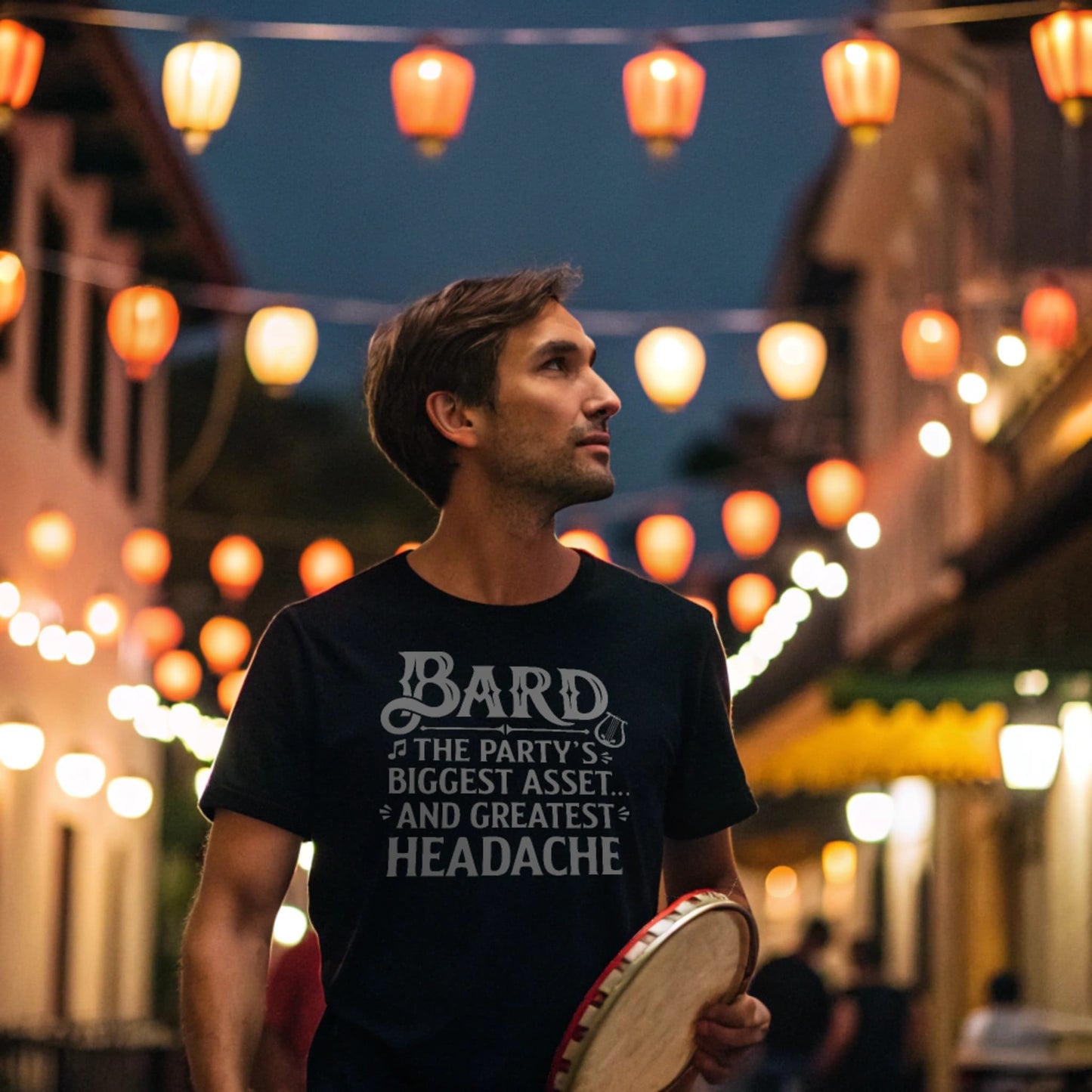 Bard T-shirt on male model at night with lanterns – Black