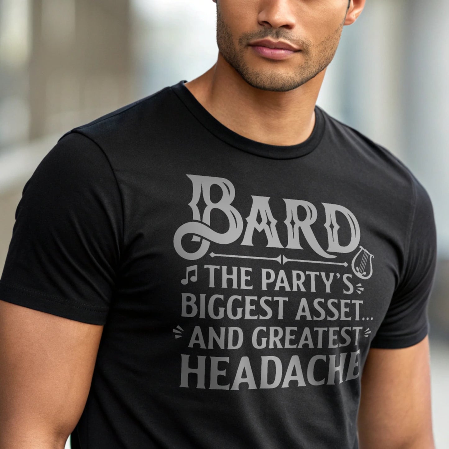 Bard T-shirt on male model in studio – Black mockup