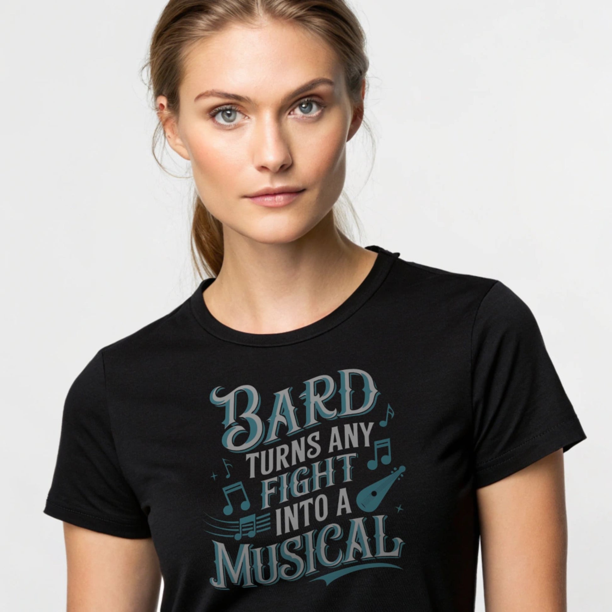 Black studio mockup of Bard Turns Any Fight Into a Musical T-Shirt on a female model, front view, natural lifelike eyes