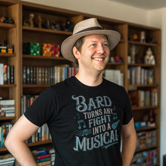 Lifestyle mockup of Bard Turns Any Fight Into a Musical T-Shirt on a male model in a library setting, plain crew neck