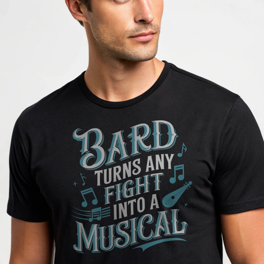 Black studio mockup of Bard Turns Any Fight Into a Musical T-Shirt on a male model, front view, natural lifelike eyes