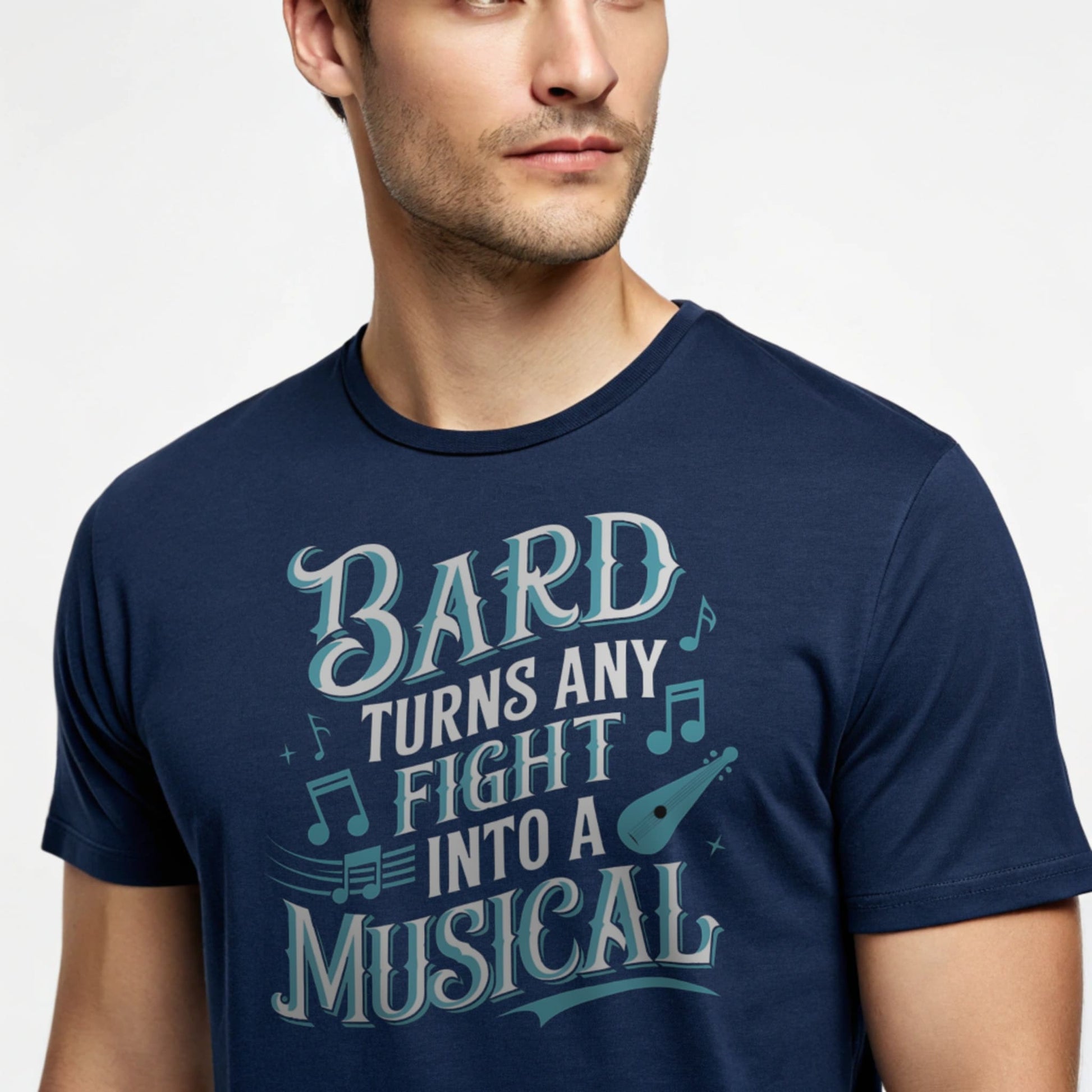 Navy studio mockup of Bard Turns Any Fight Into a Musical T-Shirt on a male model, front view, natural lifelike eyes