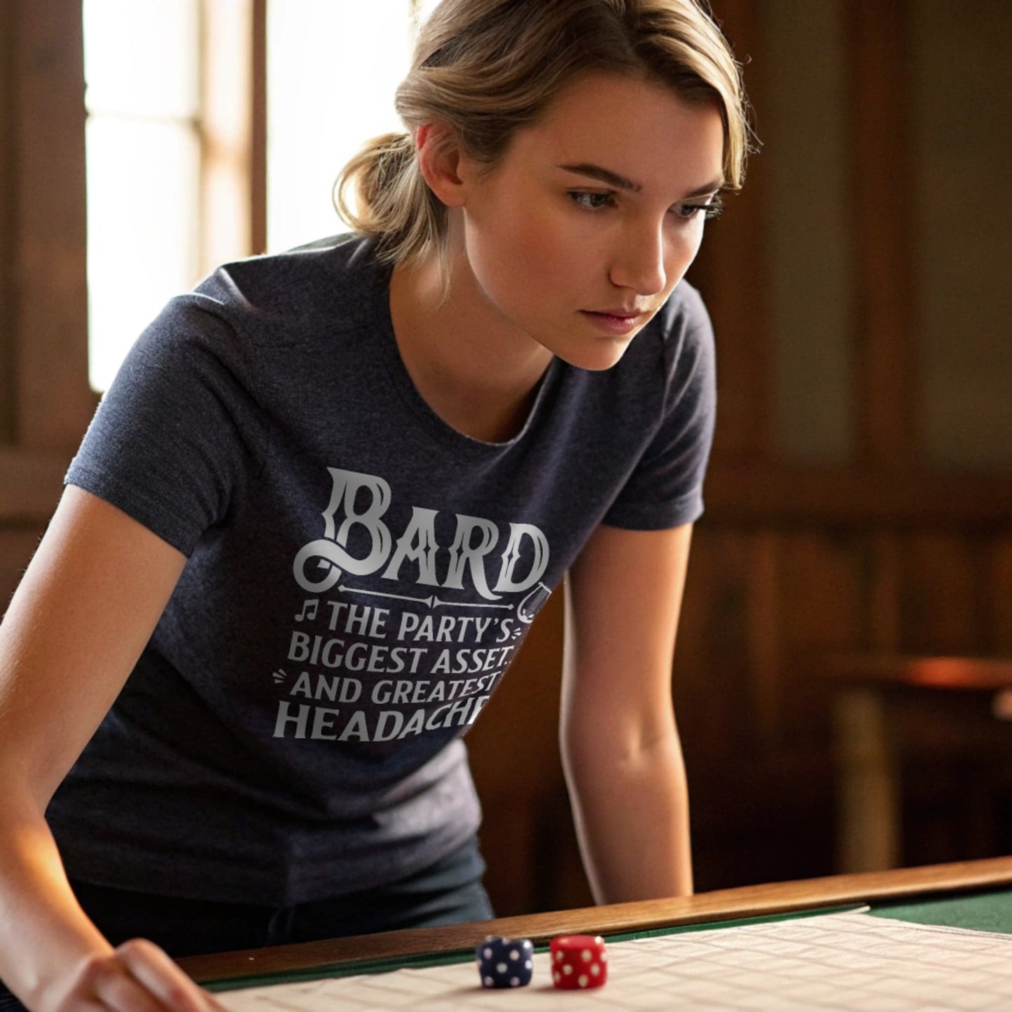 Bard T-shirt on female model leaning over dice game – Heather Navy
