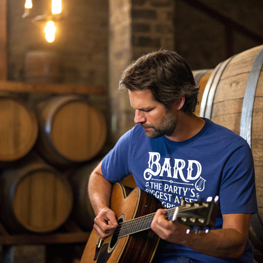 Bard T-shirt on male model playing guitar – Heather Navy