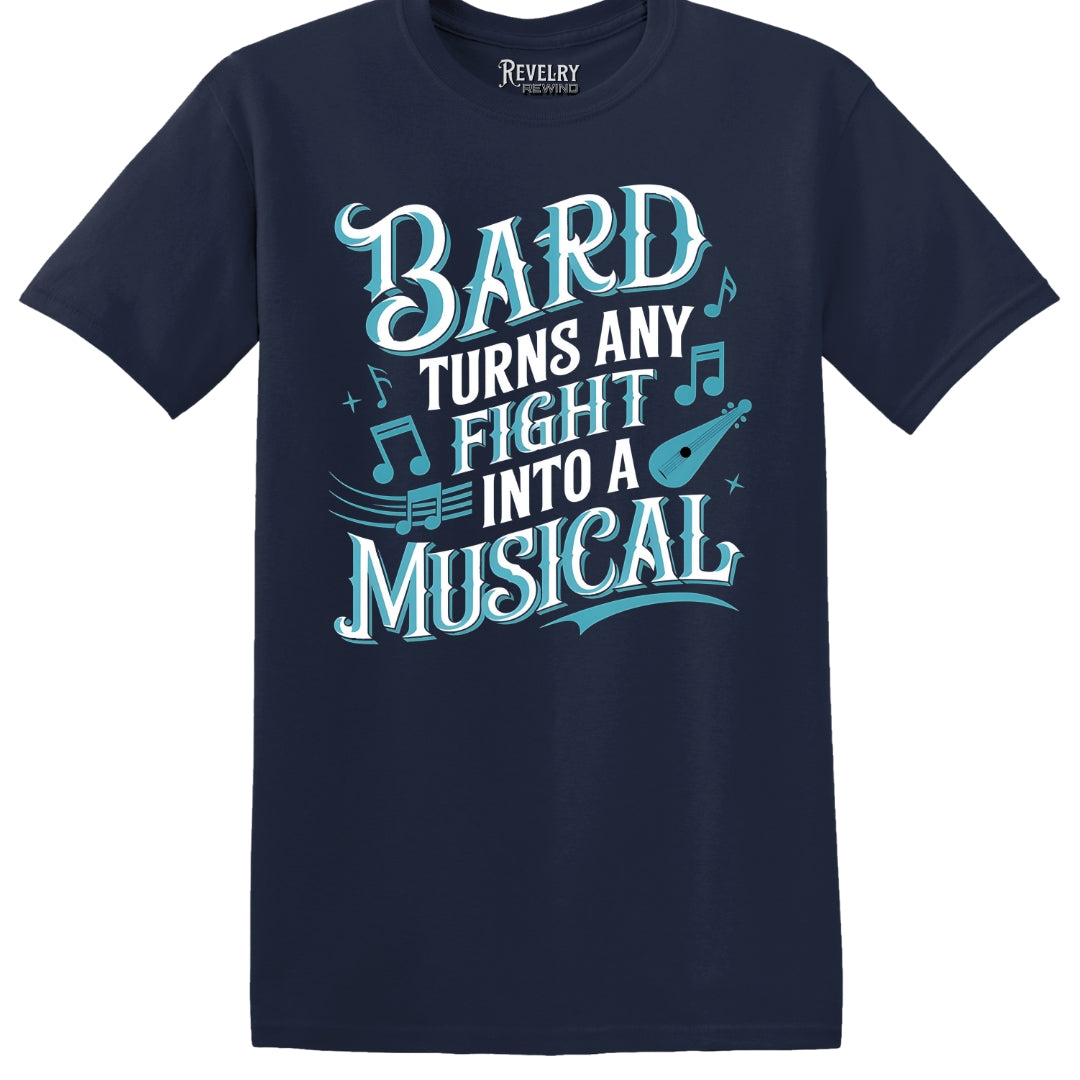 Navy shirt featuring a funny D&D bard quote in musical design style