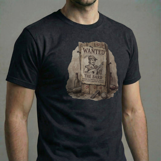 Model wearing a black t-shirt featuring a vintage fantasy "Wanted: The Bard" poster illustration with a lute and scattered wine bottles.