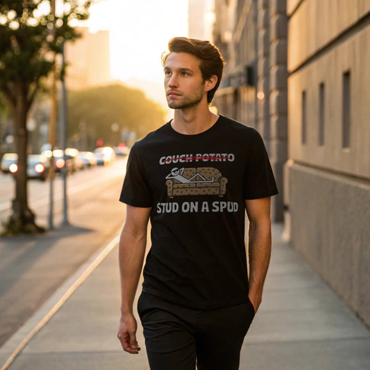 Male model crossing an urban street in a black crew-neck t-shirt with “Couch Potato: Stud on a Spud” graphic, lifestyle street shot.