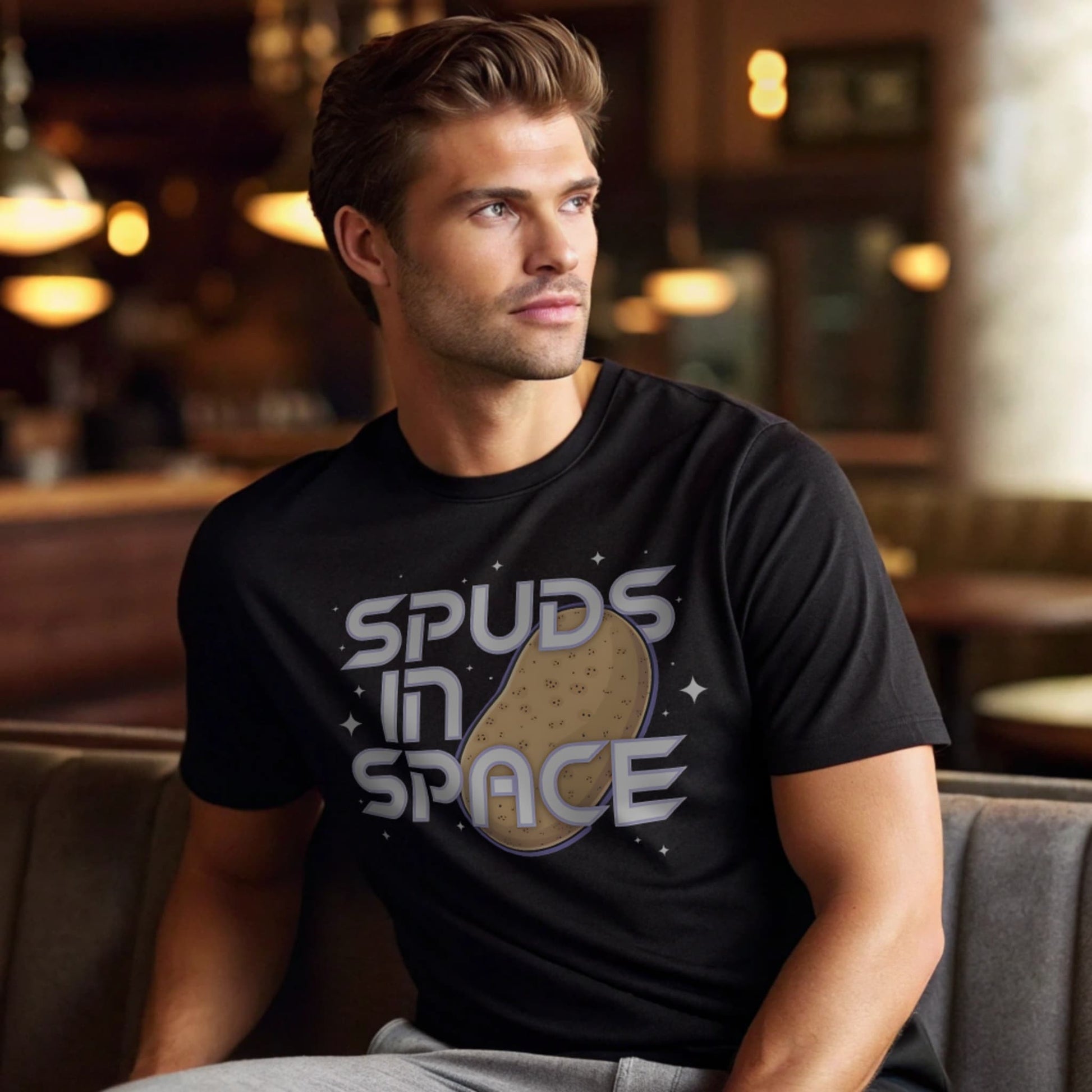 Male model lounging in a café interior in a black crew-neck t-shirt with “Spuds in Space” graphic, lifestyle indoor shot.