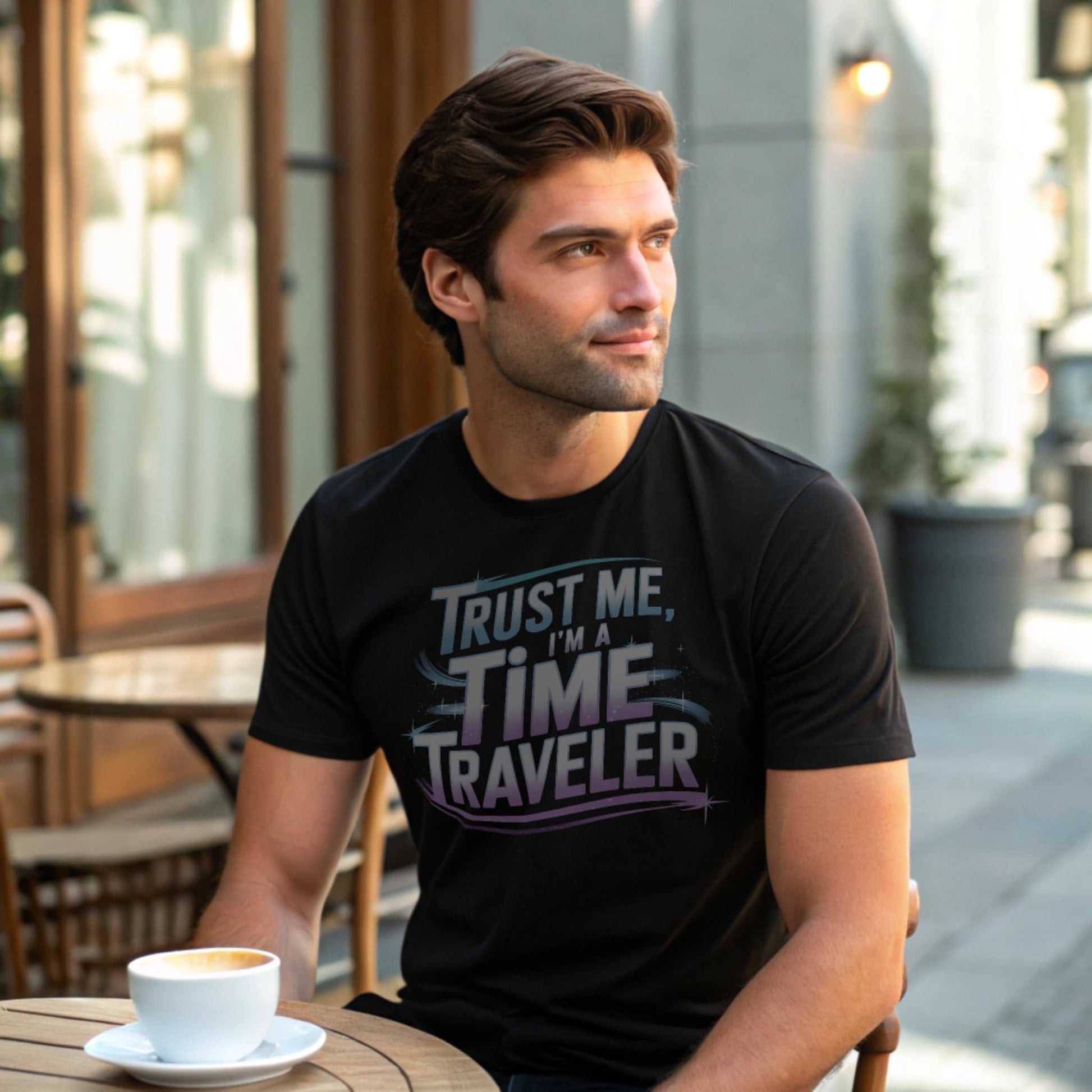 Male model seated at an outdoor café table wearing a black crew-neck t-shirt with “Trust Me, I’m a Time Traveler” graphic, lifestyle café shot.