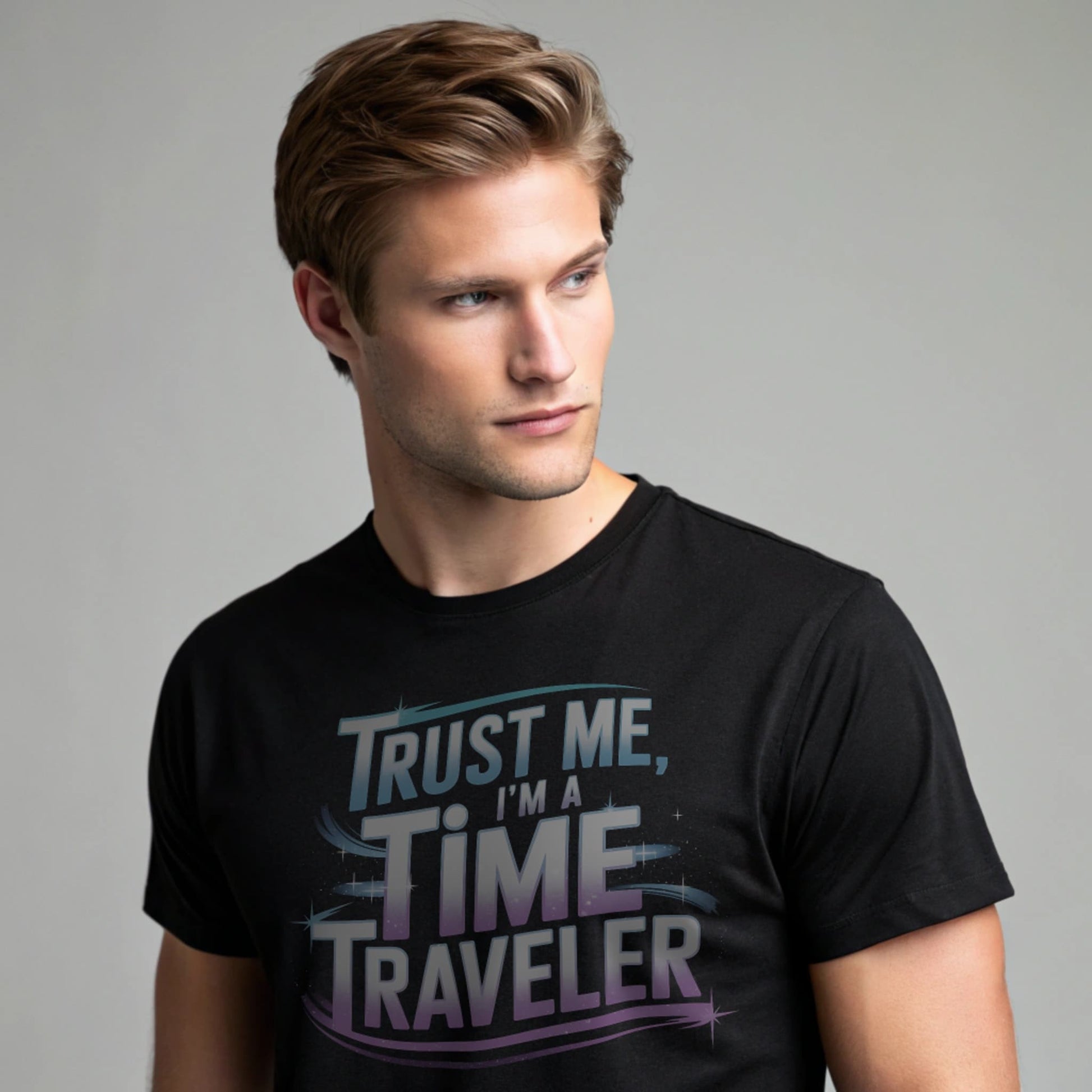 Male model wearing a black crew-neck t-shirt with “Trust Me, I’m a Time Traveler” graphic, studio portrait on neutral gray background.