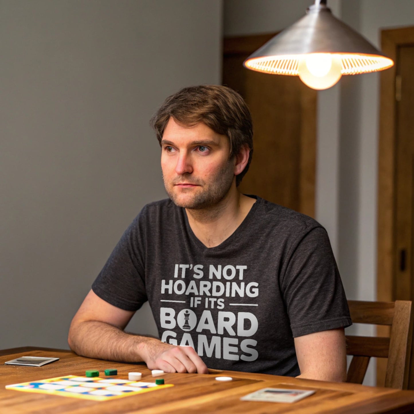 Hyper-realistic mockup of a 25–40-year-old man wearing a dark heather Board Games Hoarder T-Shirt seated at a wooden game table with dice, meeples, and cards spread under pendant light.