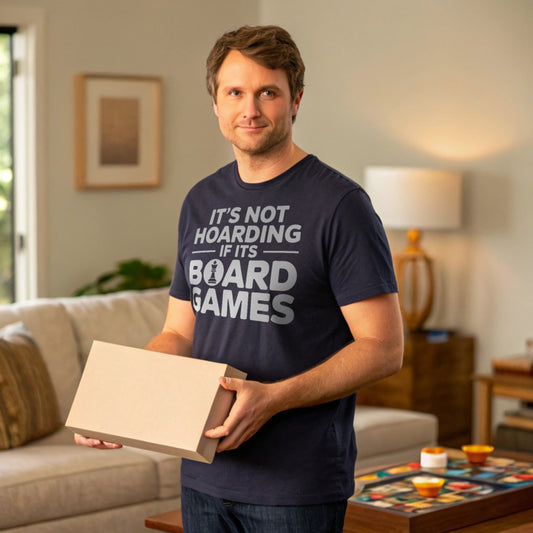 Hyper-realistic mockup of a 25–40-year-old man wearing a navy Board Games Hoarder T-Shirt holding a freshly unboxed board game beside a coffee-table stack of games and snacks under warm café lighting.