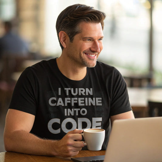 Hyper-realistic mockup of a 25–40-year-old man wearing a plain Gildan 64000 crew-neck black t-shirt (no graphics) holding a coffee cup and laptop in a cozy café.