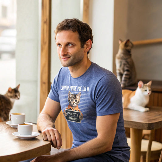 Heather Royal lifestyle mockup of Catnip Made Me Do It T-Shirt on a male model at a cat café table, plain crew neck