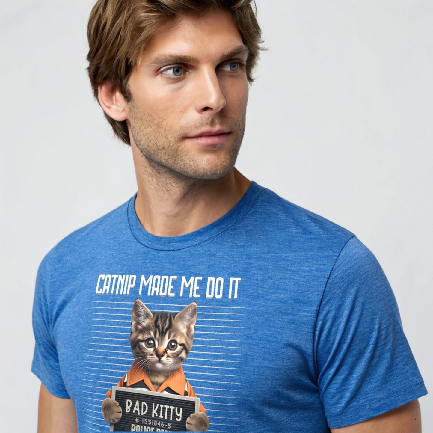Heather Royal studio mockup of Catnip Made Me Do It T-Shirt on a male model, front view, natural eyes, plain crew neck