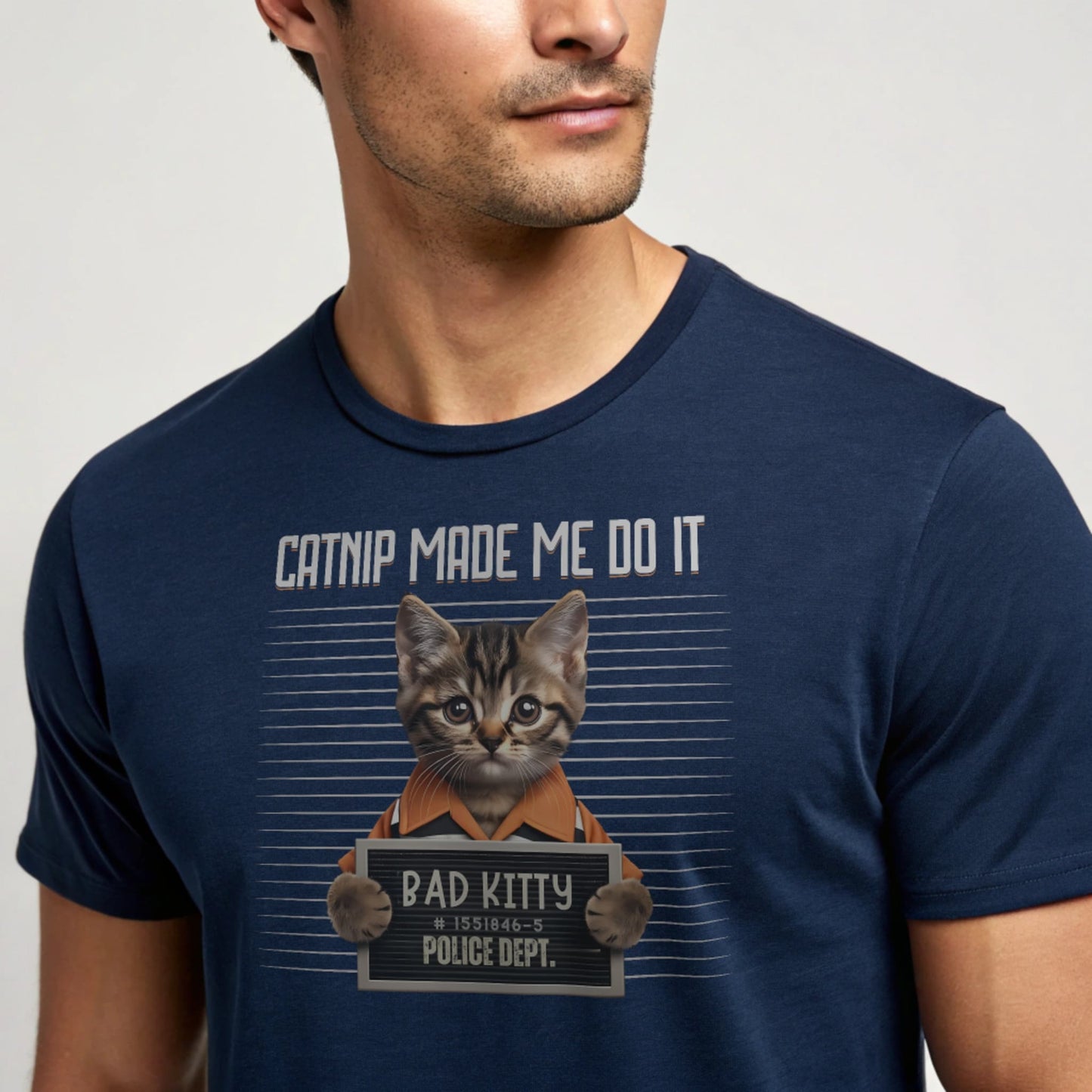 Navy studio mockup of Catnip Made Me Do It T-Shirt on a male model, front view, natural eyes, plain crew neck