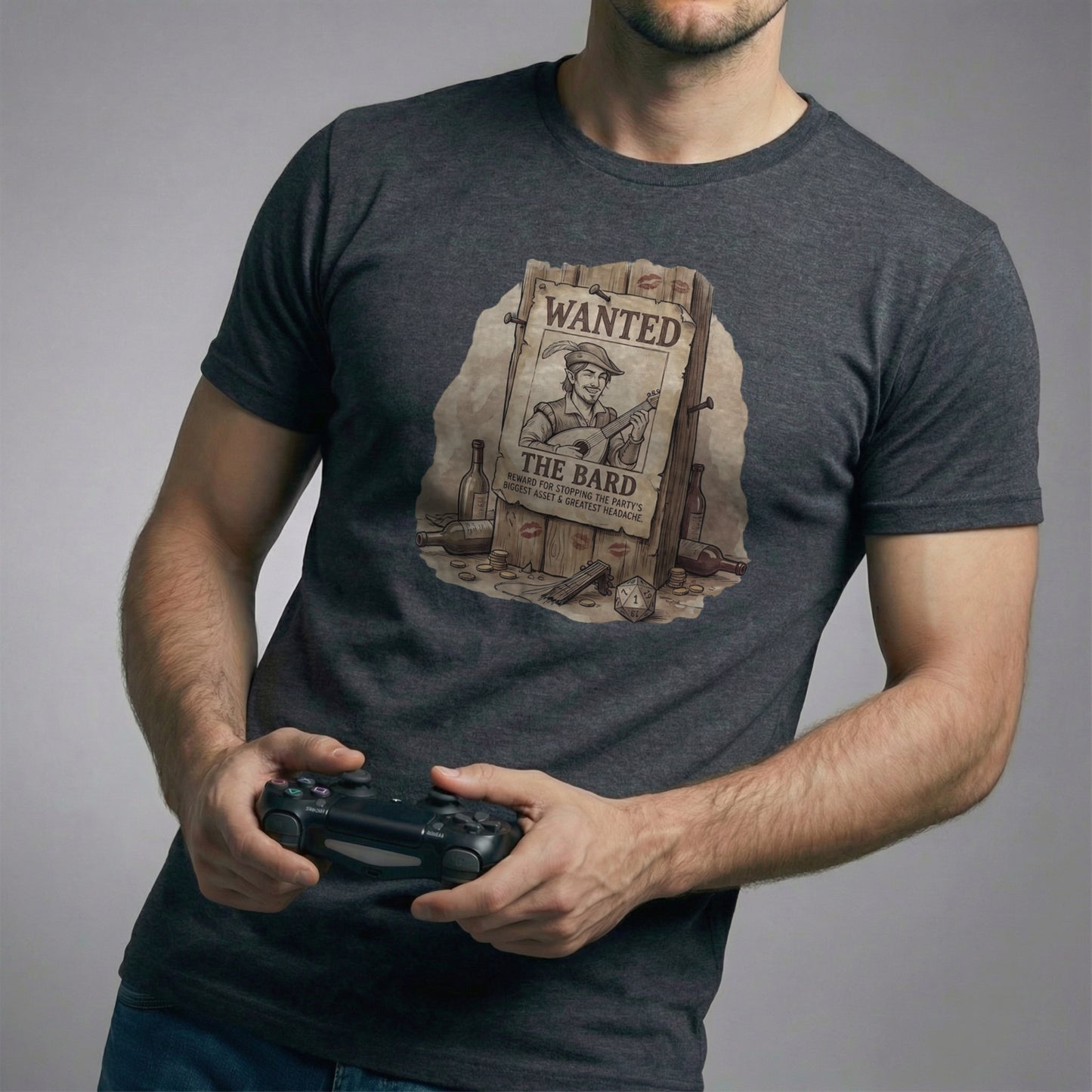 Dark grey heather t-shirt with a distressed ink illustration of a Bard's wanted poster, perfect for chaotic D&D players.