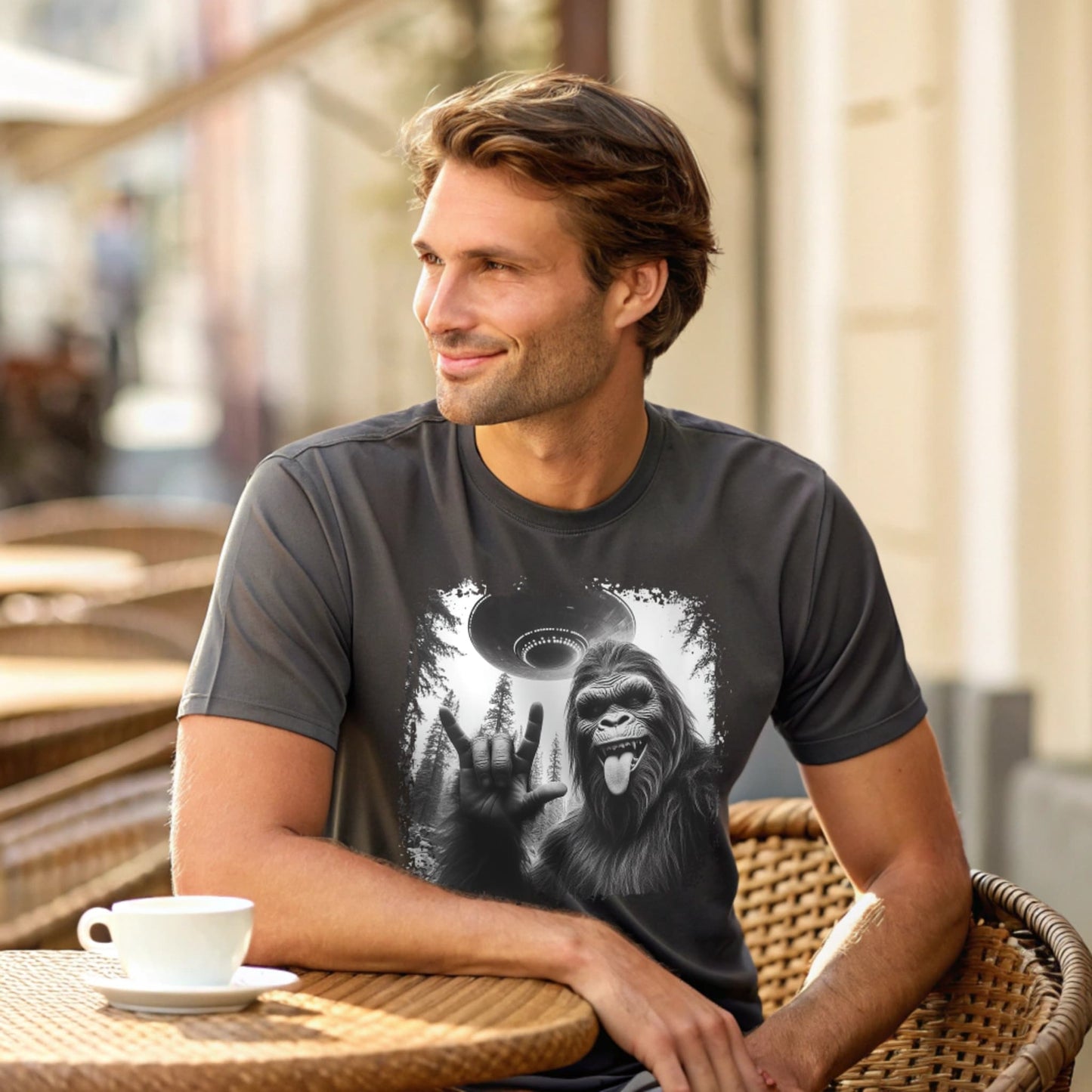 Male model seated at an outdoor café table wearing a charcoal crew-neck t-shirt featuring a white silhouette of Sasquatch raising its hand graphic, lifestyle café interior shot.