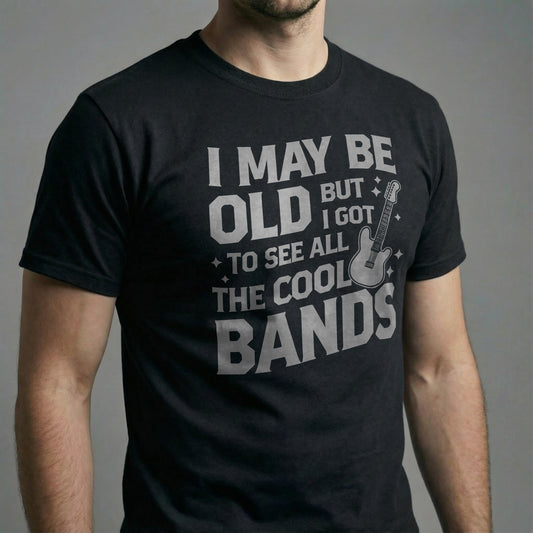 Black Cool Bands T-Shirt featuring retro guitar graphic
