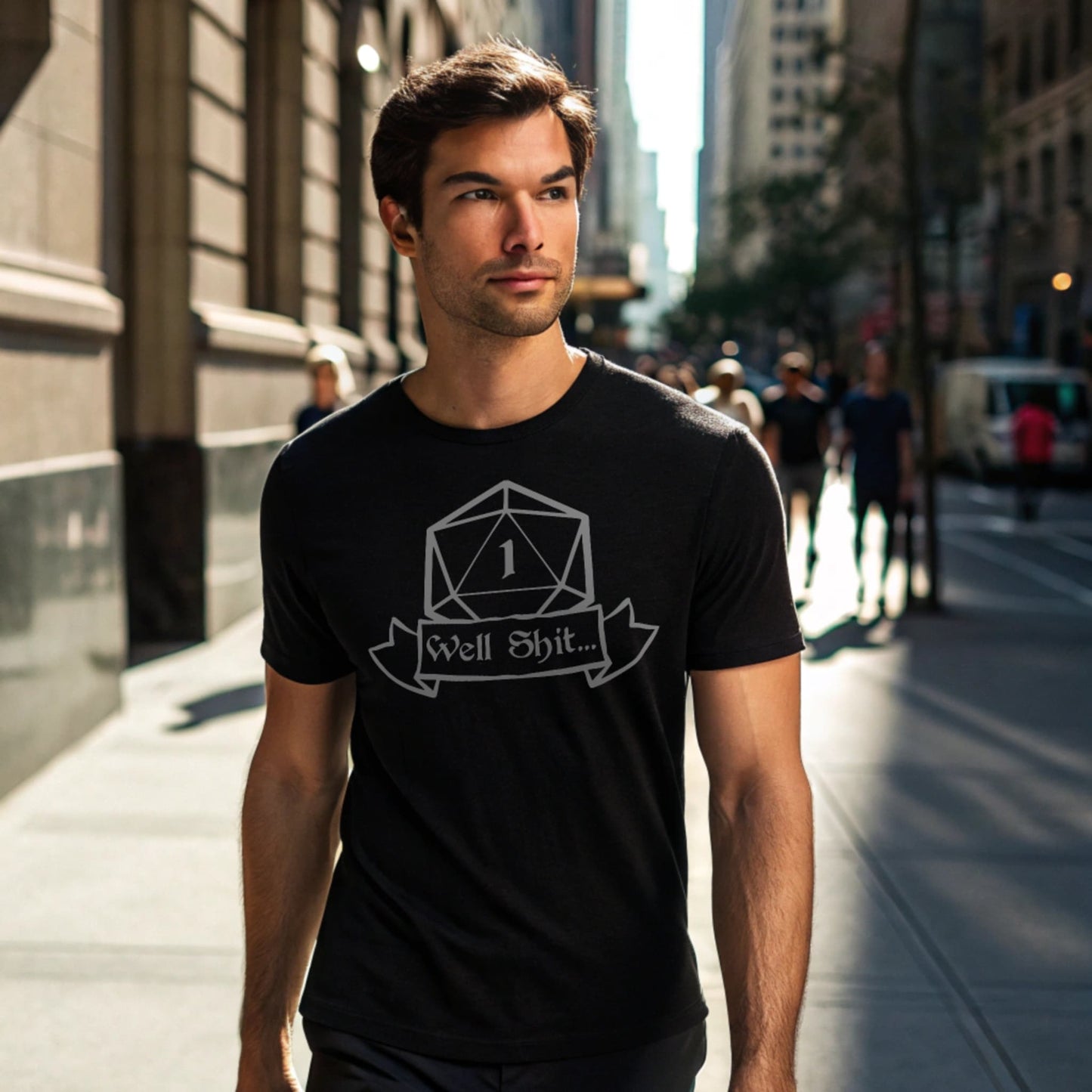 Man walking in city wearing black Critical Fail T-shirt, lifestyle mockup