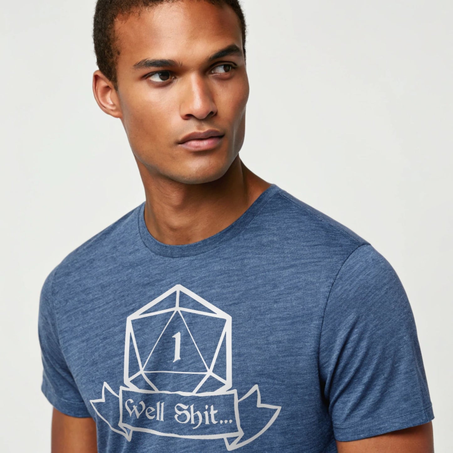 Man wearing heather indigo Critical Fail T-shirt, studio mockup