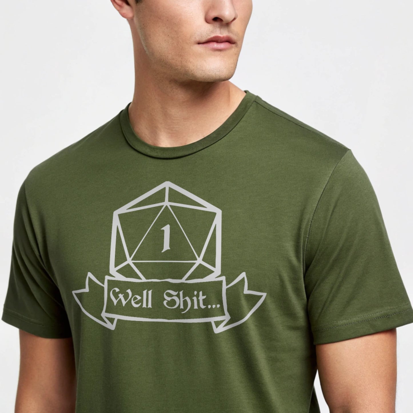 Man wearing military green Critical Fail T-shirt, studio mockup