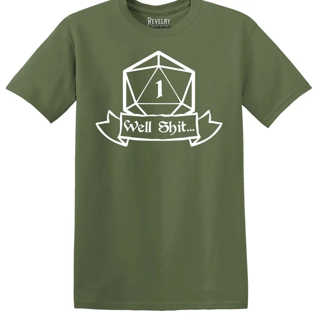 Critical Fail Tee flatlay on Military Green shirt