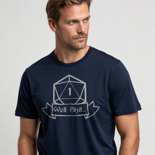 Man wearing navy Critical Fail T-shirt, studio mockup