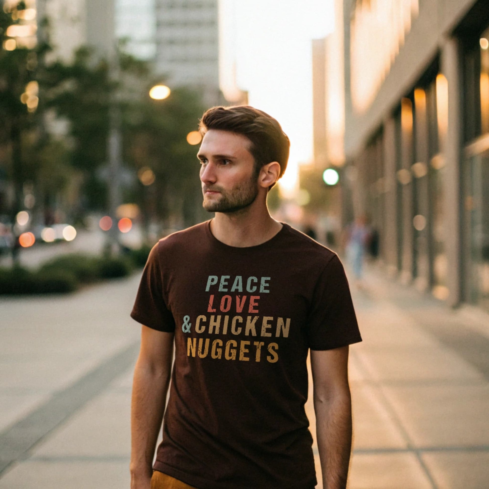 Male model walking an urban sidewalk in a dark chocolate crew-neck t-shirt with “Peace Love & Chicken Nuggets” text in multicolor block letters, lifestyle street shot.