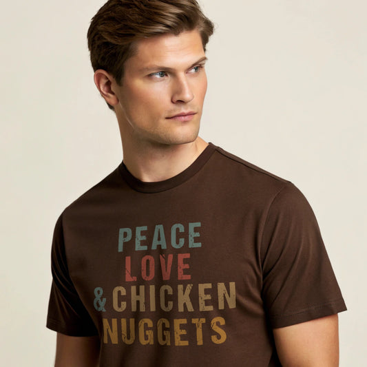 Male model wearing a dark chocolate crew-neck t-shirt with “Peace Love & Chicken Nuggets” text in multicolor block letters, studio shot on a smooth pale-cream background.