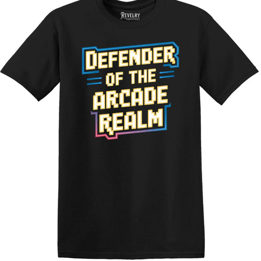 Flat lay of Defender of the Arcade Realm t-shirt in black
