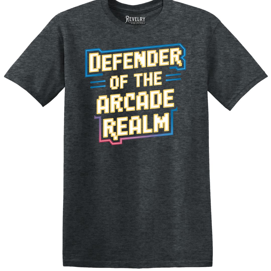 Flat lay of Defender of the Arcade Realm t-shirt in dark heather