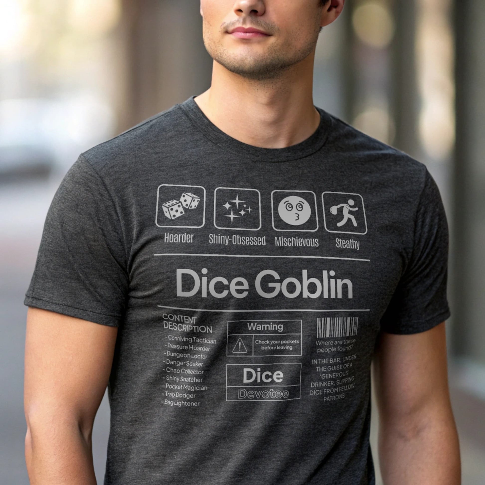 Dark Heather studio mockup of Dice Goblin T-Shirt on a male model, front view, natural lifelike eyes, plain crew neck
