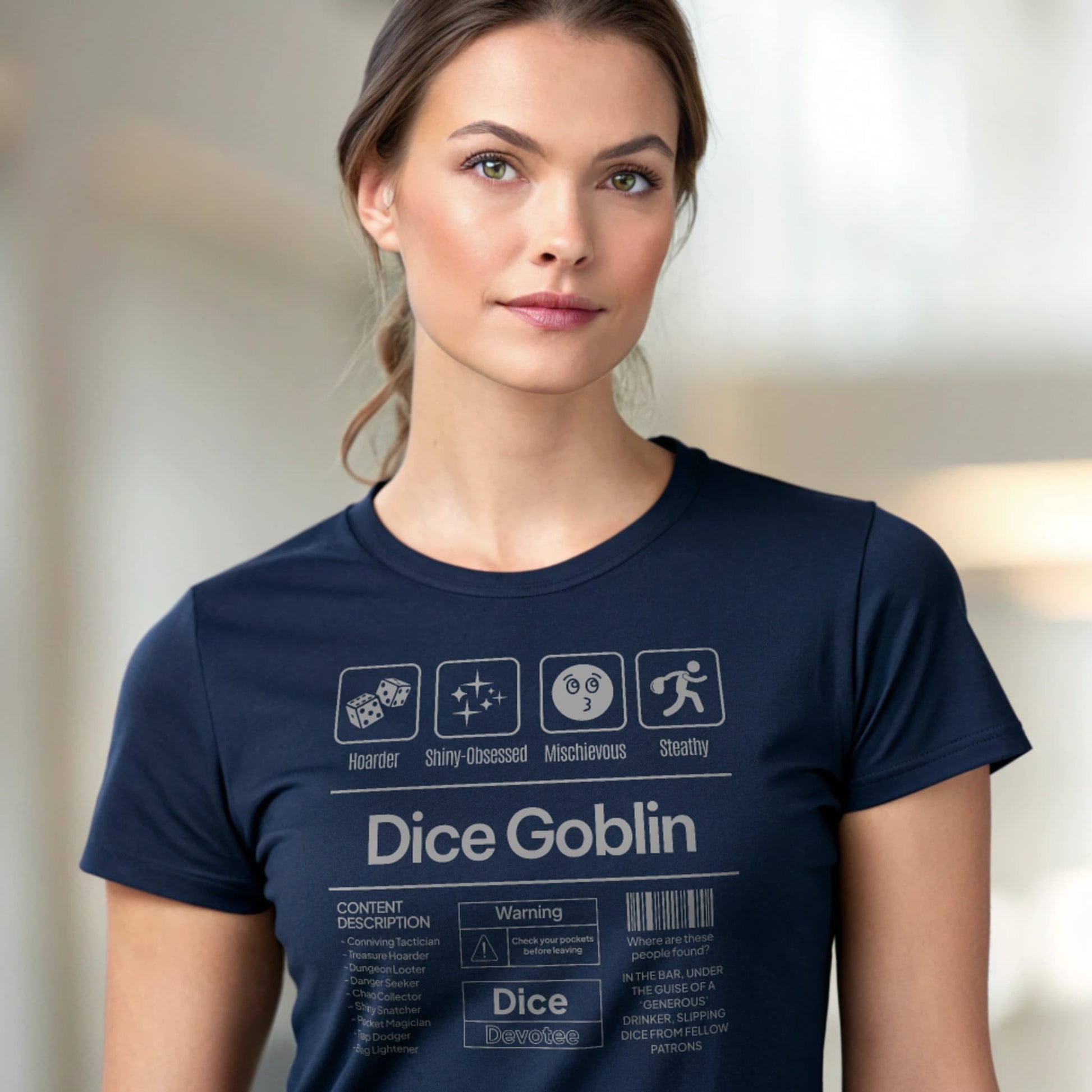 Navy studio mockup of Dice Goblin T-Shirt on a female model, front view, natural lifelike eyes, plain crew neck