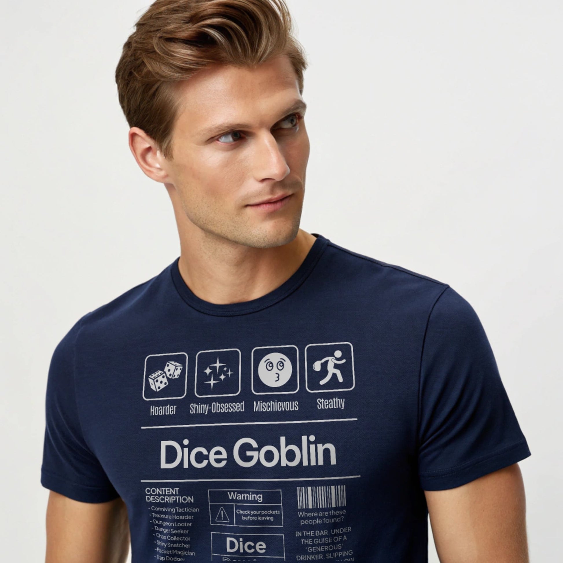 Navy studio mockup of Dice Goblin T-Shirt on a male model, front view, natural lifelike eyes, plain crew neck