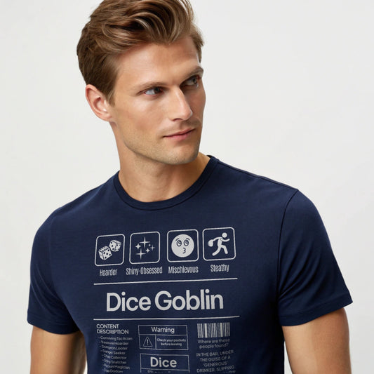 Navy studio mockup of Dice Goblin T-Shirt on a male model, front view, natural lifelike eyes, plain crew neck