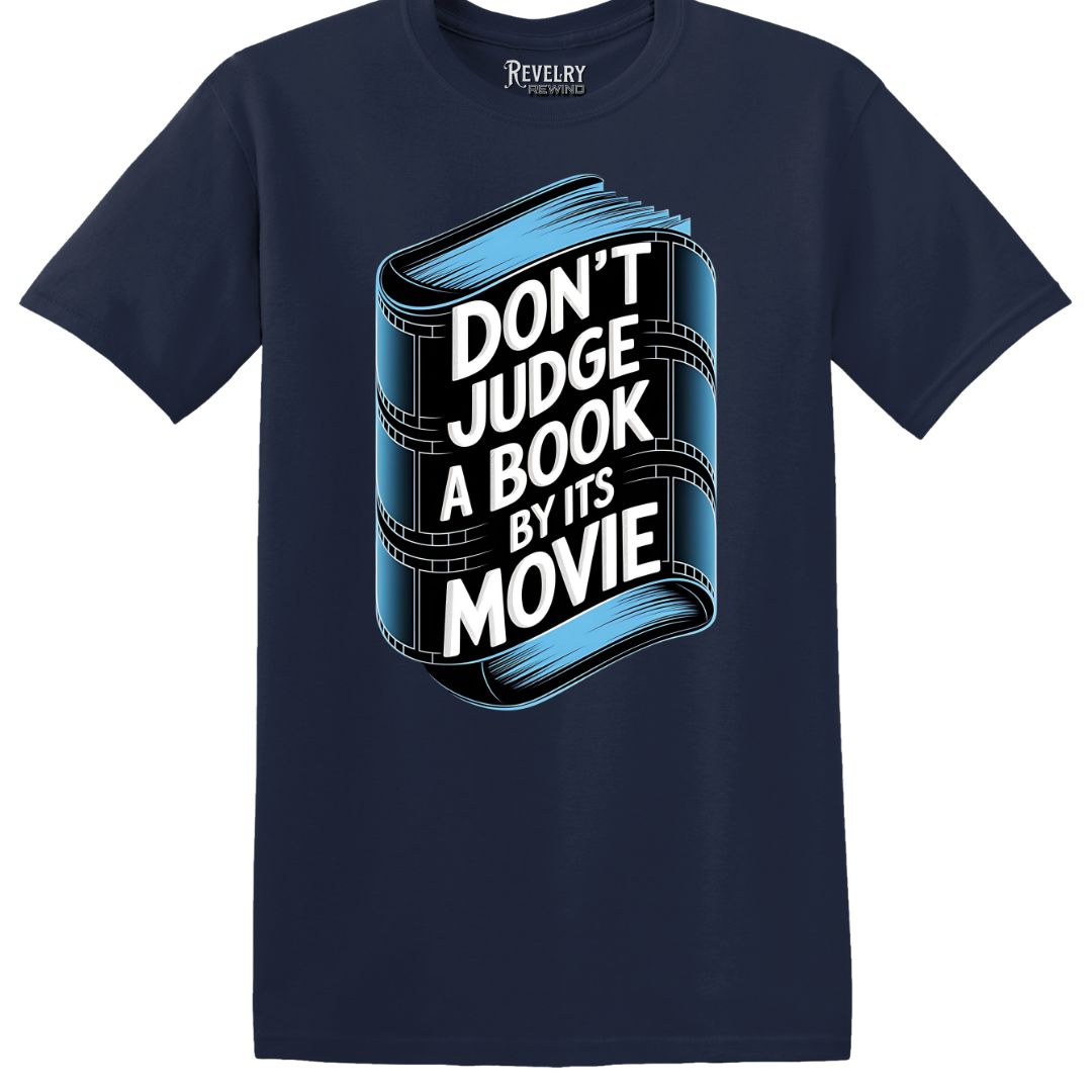 Flat lay of Don't Judge a Book by Its Movie design on navy t-shirt