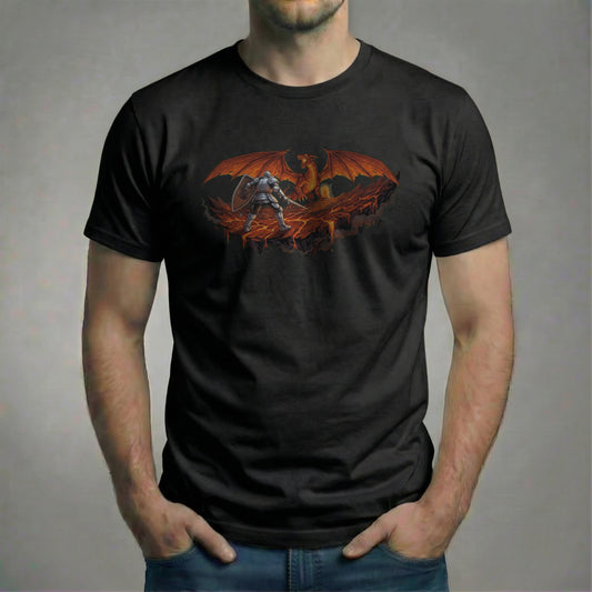 Male model wearing the dragon graphic t-shirt on a black Bella + Canvas 3001 shirt