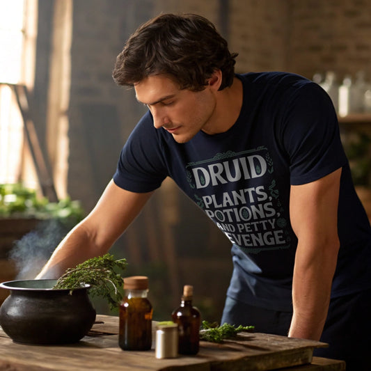 Navy lifestyle mockup of Druid Petty Revenge T-Shirt on a male model leaning over a rustic table with vials and a cauldron, plain crew neck