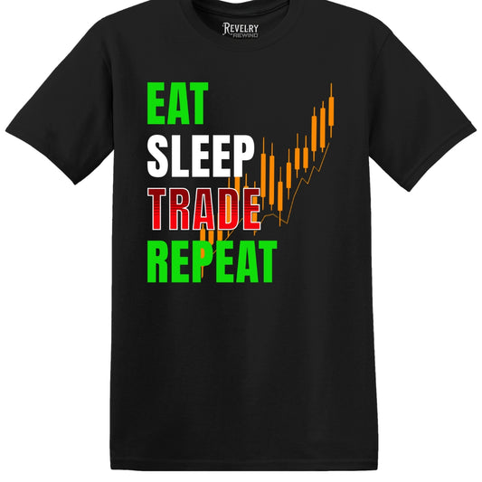 Flat lay of Eat Sleep Trade Repeat design on black t-shirt