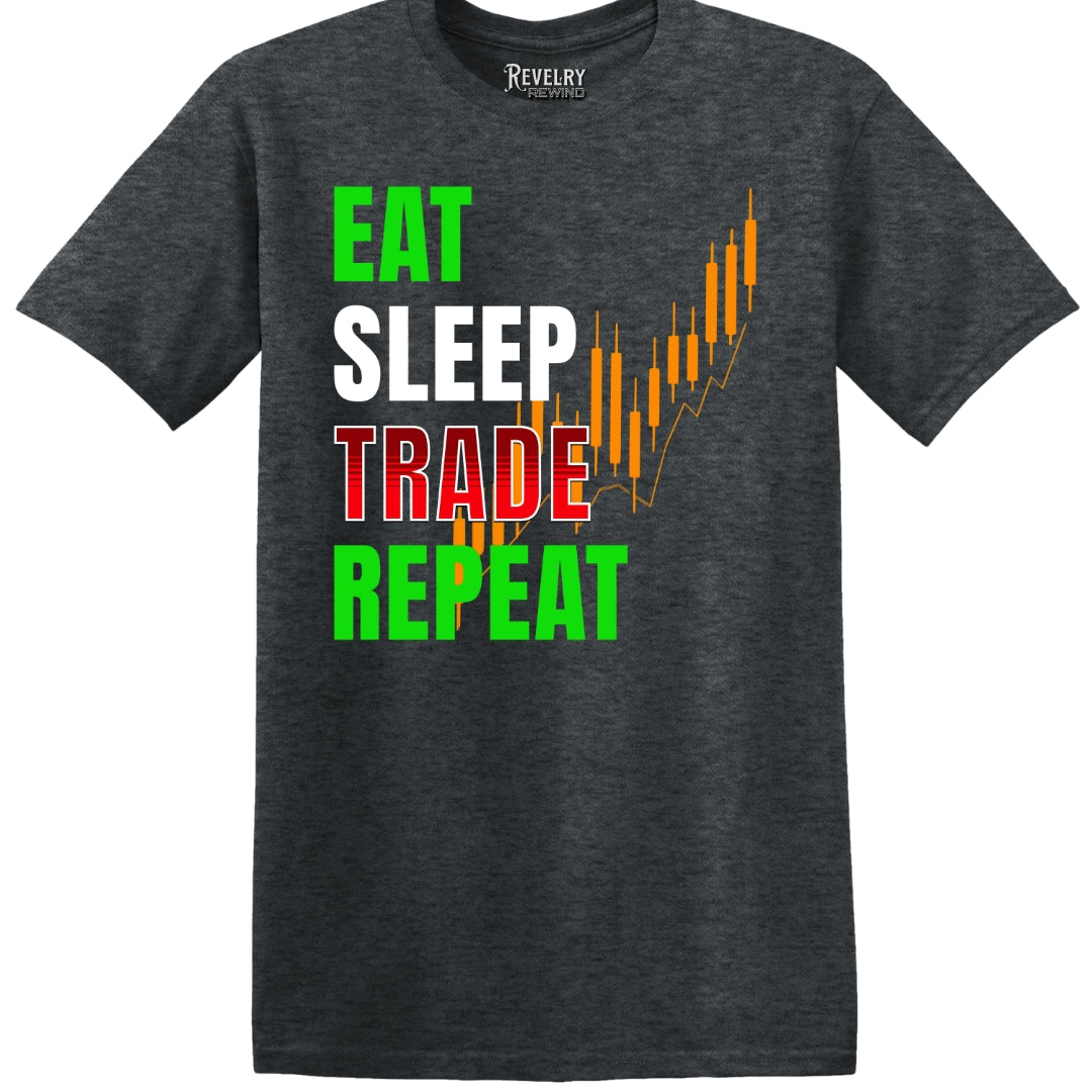Flat lay of Eat Sleep Trade Repeat design on dark heather t-shirt