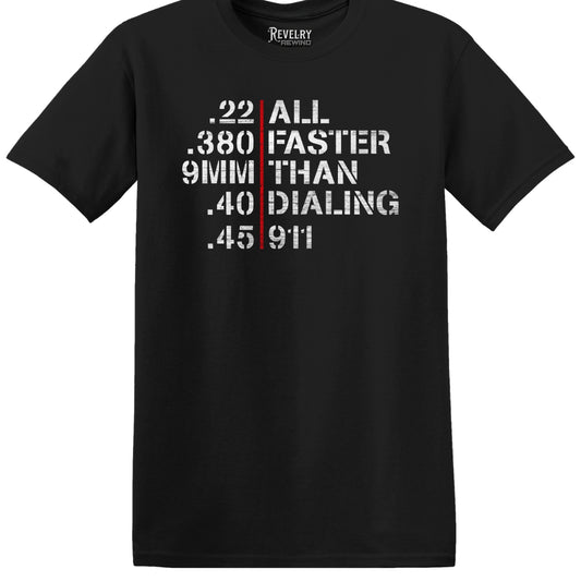 Flat lay of Faster Than 911 design on black t-shirt