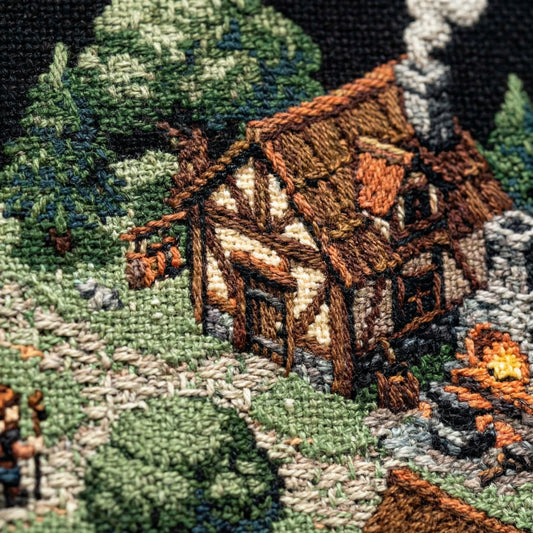 Extreme close-up of woven cotton throw blanket showing pixel art village house with visible yarn threads and textured weave detail