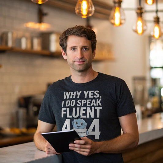 Hyper-realistic mockup of a 25–40-year-old man wearing a dark heather Fluent 404 T-Shirt leaning against a café counter with Edison bulb lighting and a tablet displaying a glitchy 404 error.