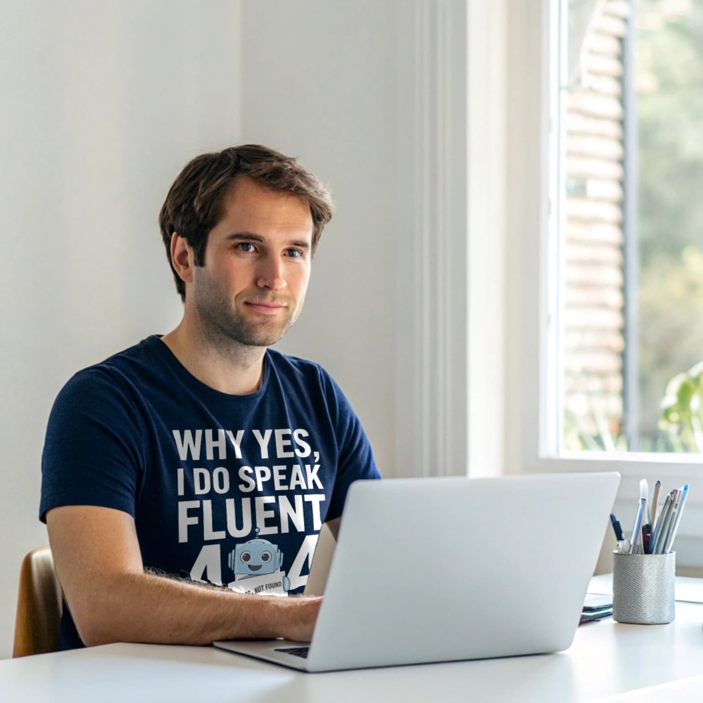 Hyper-realistic mockup of a 25–40-year-old man wearing a navy Fluent 404 T-Shirt seated at a home office desk with a laptop showing ‘404 Not Found’ under daylight from a window.