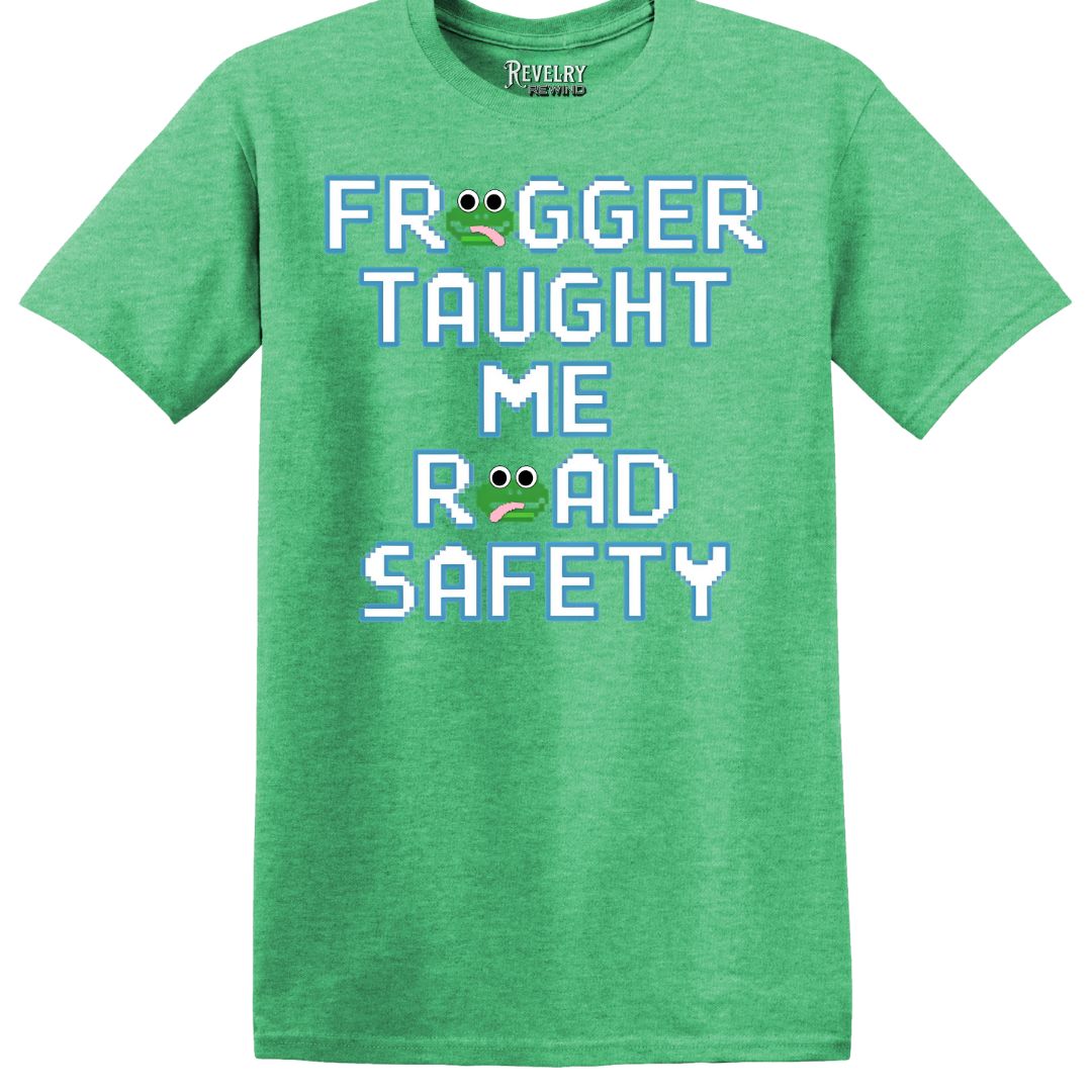 Flat lay of Frogger Taught Me Road Safety design on heather Irish green t-shirt