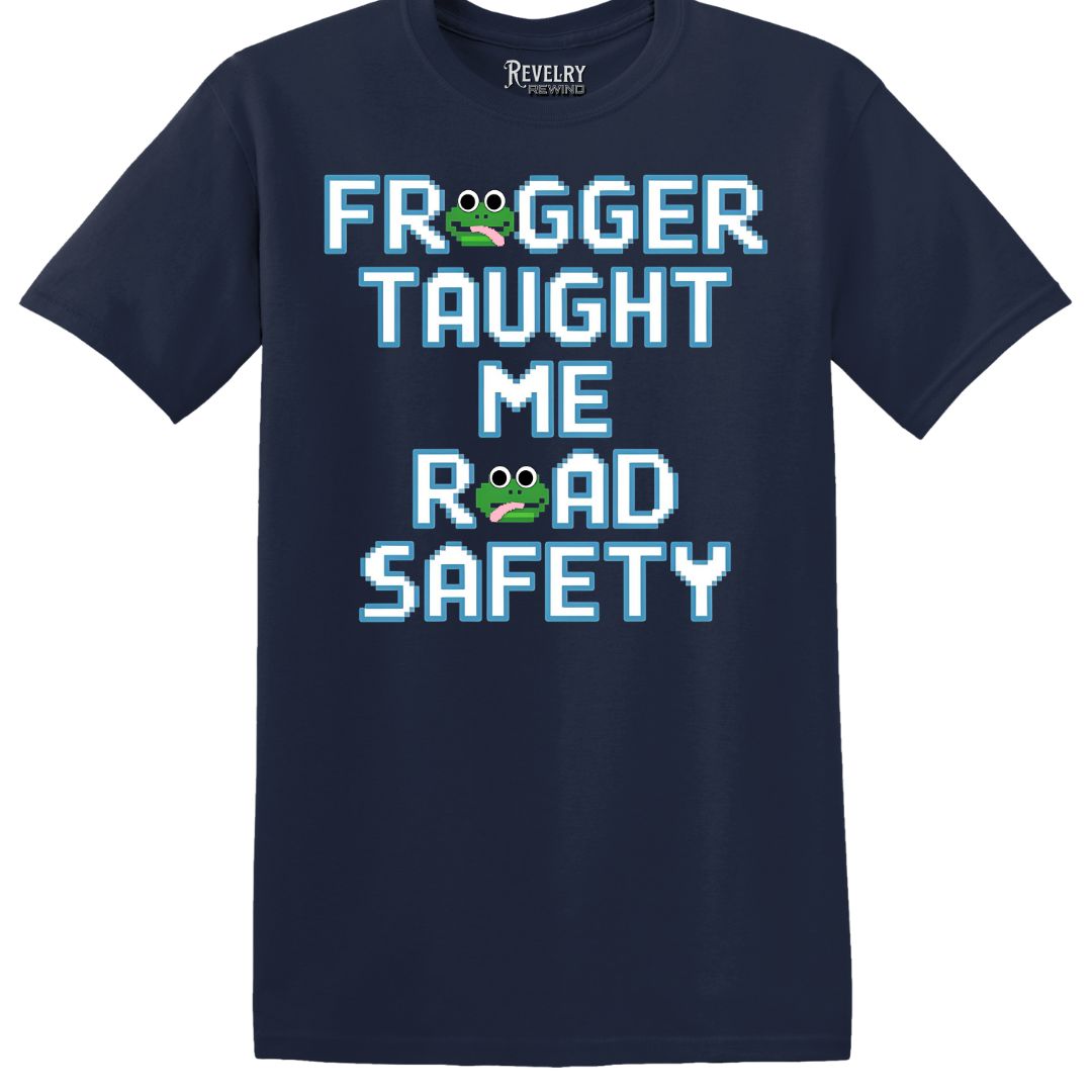 Flat lay of Frogger Taught Me Road Safety design on navy blue t-shirt